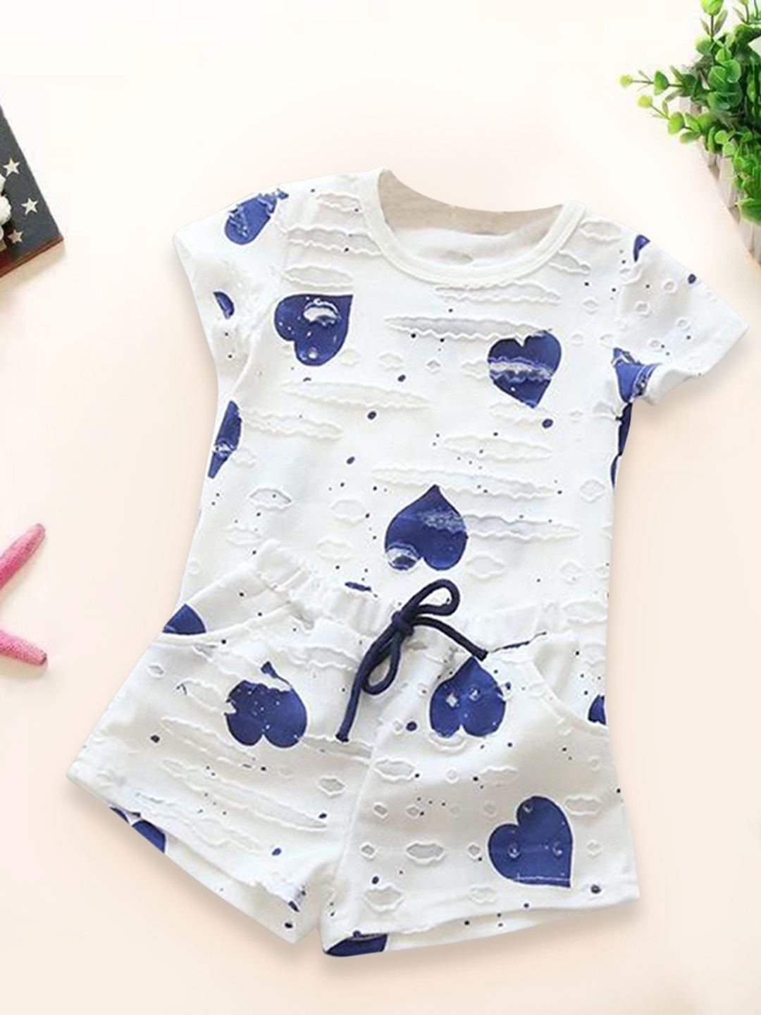 

INCLUD Girls Navy Blue Top with Shorts, Off white