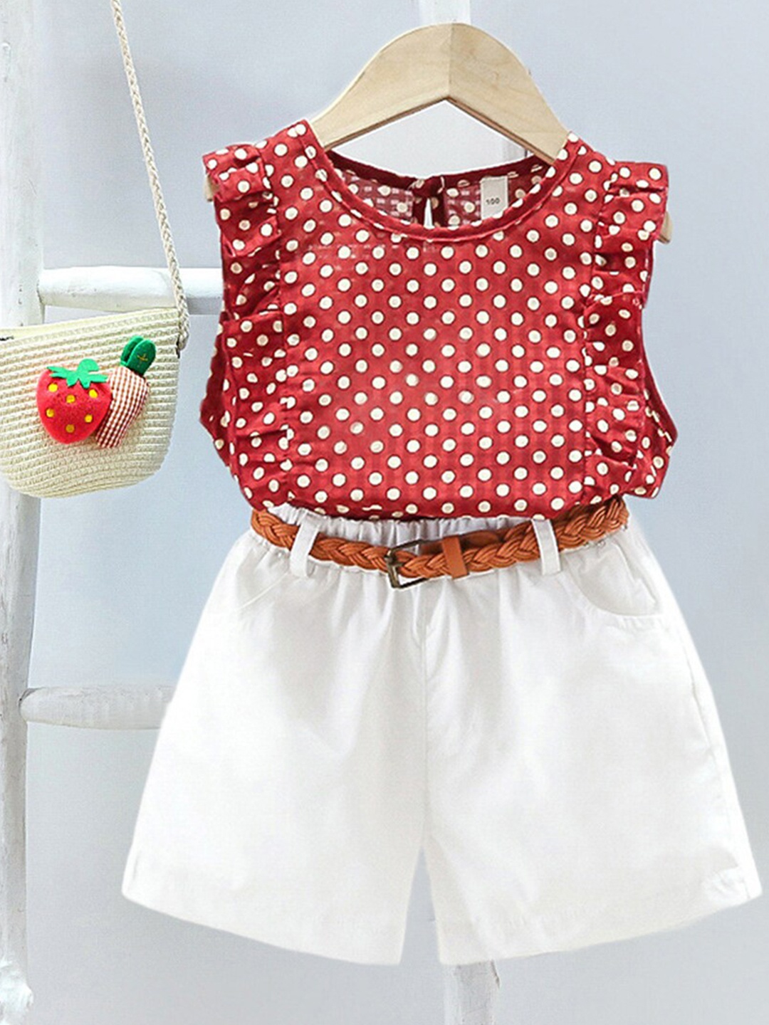 

INCLUD Girls Polka Dots Printed Sleeveless Top With Shorts, Red