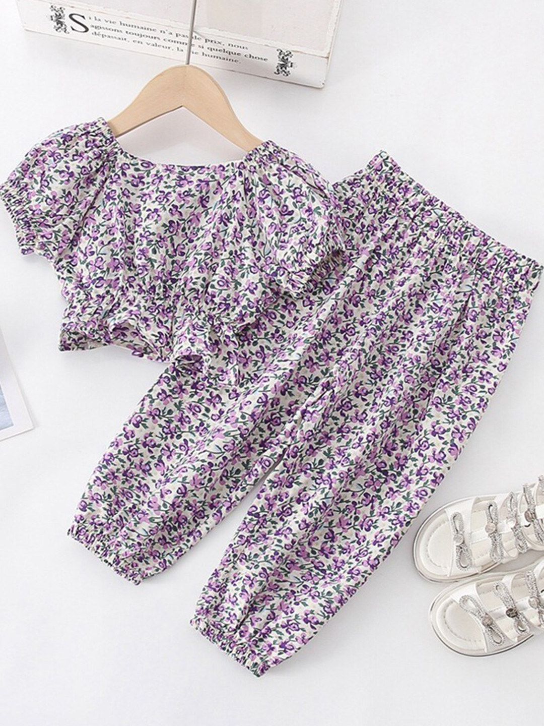 

INCLUD Girls Floral Printed Top with Trouser, Purple