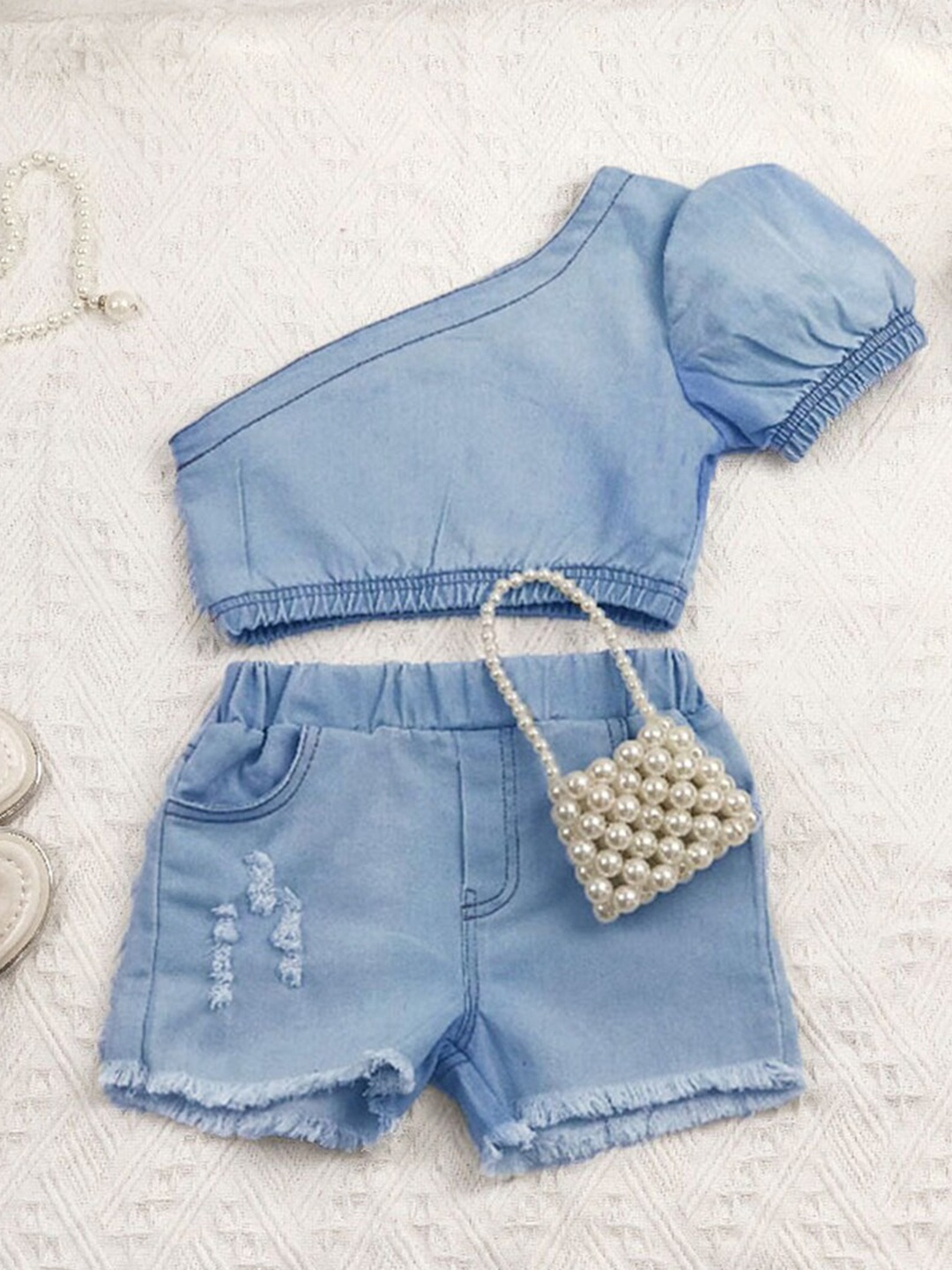 

INCLUD Girls One Shoulder Top With Shorts & Sling Bag, Blue