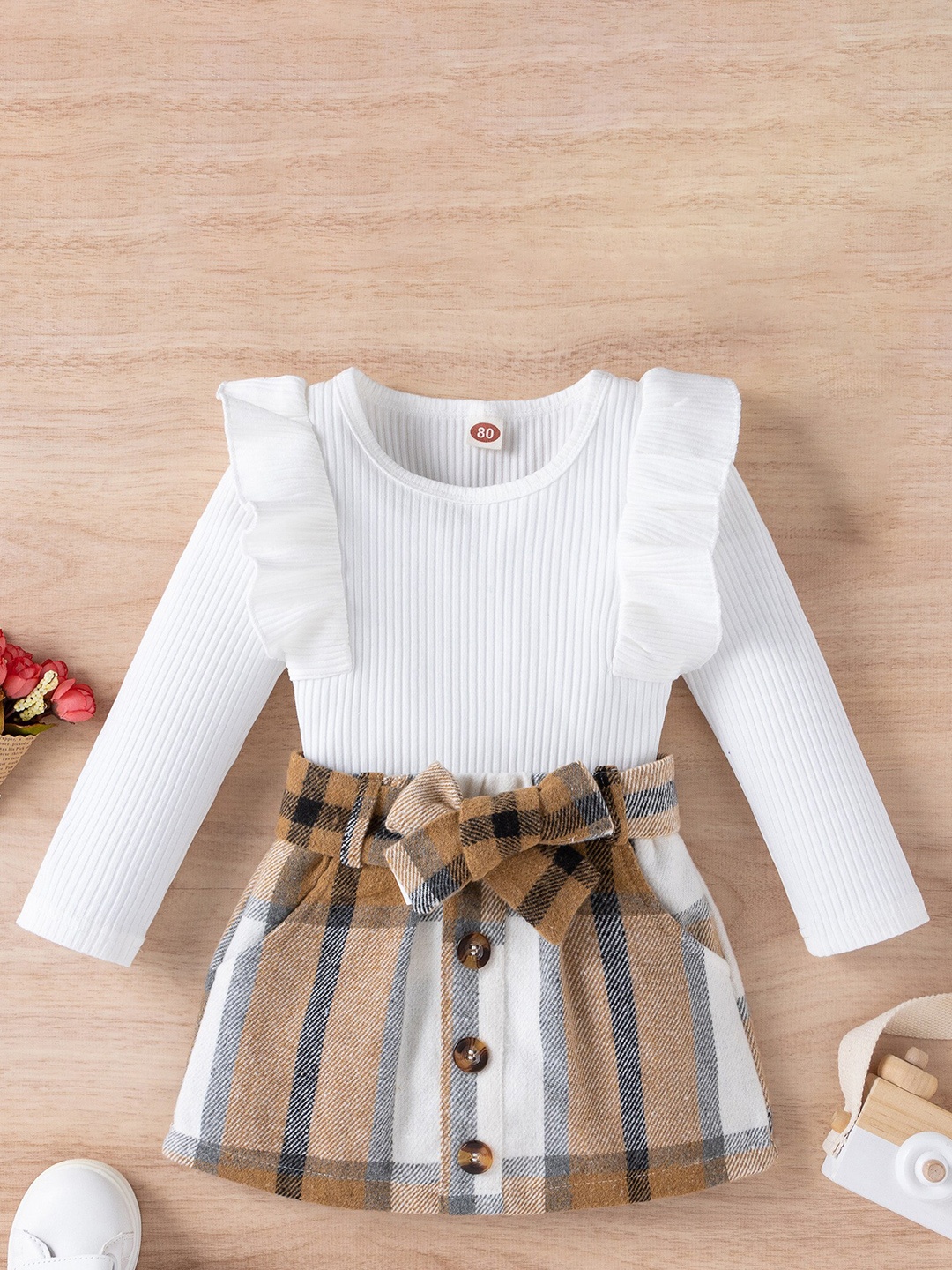 

INCLUD Girls Checked Top With Skirt, White