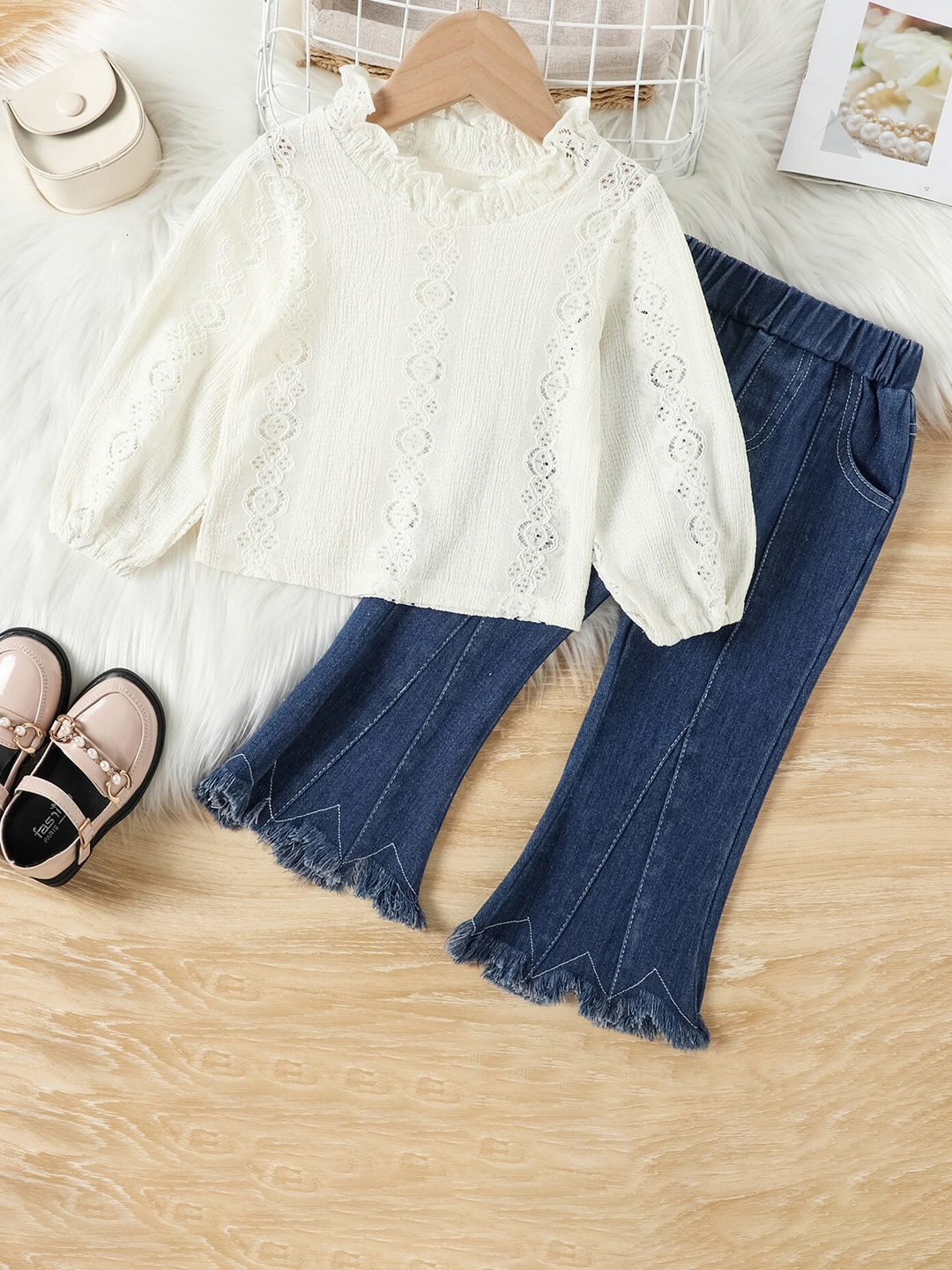 

INCLUD Girls Lace Top With Denim Trousers, White
