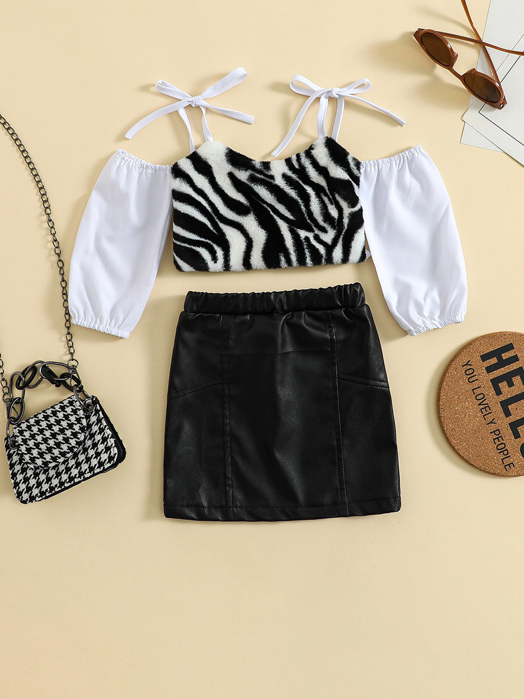 

INCLUD Girls Off Shoulder Top With Leather Skirt Set, Black