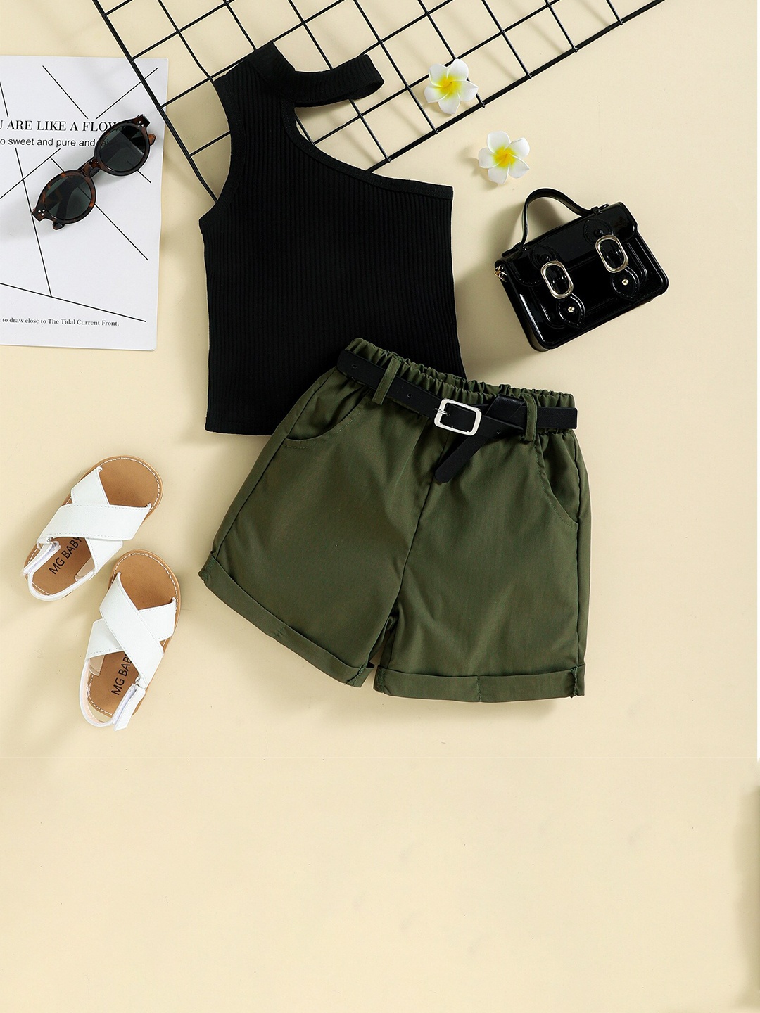 

INCLUD Girls One Shoulder Top with Shorts, Black