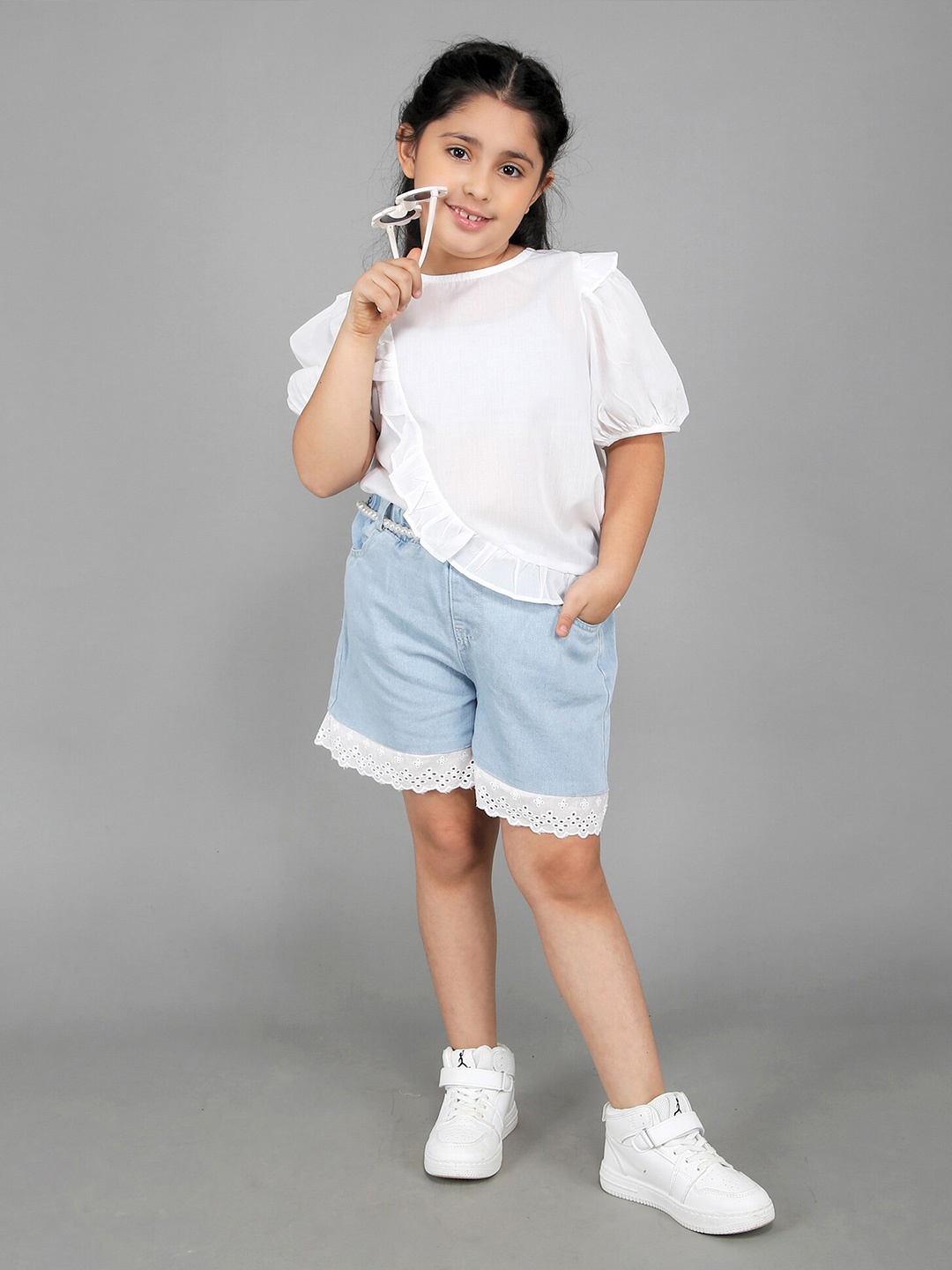 

INCLUD Girls Puff Sleeves Top with Shorts, White