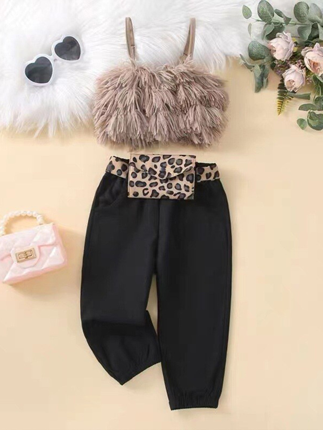 

INCLUD Girls Shoulder Straps Top with Joggers, Beige