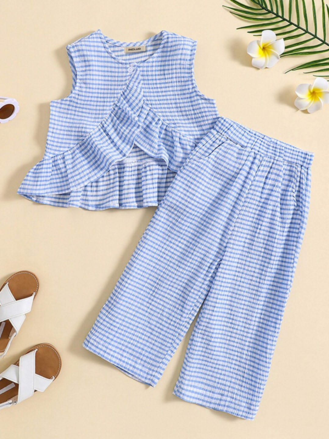 

INCLUD Girls Striped Ruffle Top with Trousers, Blue