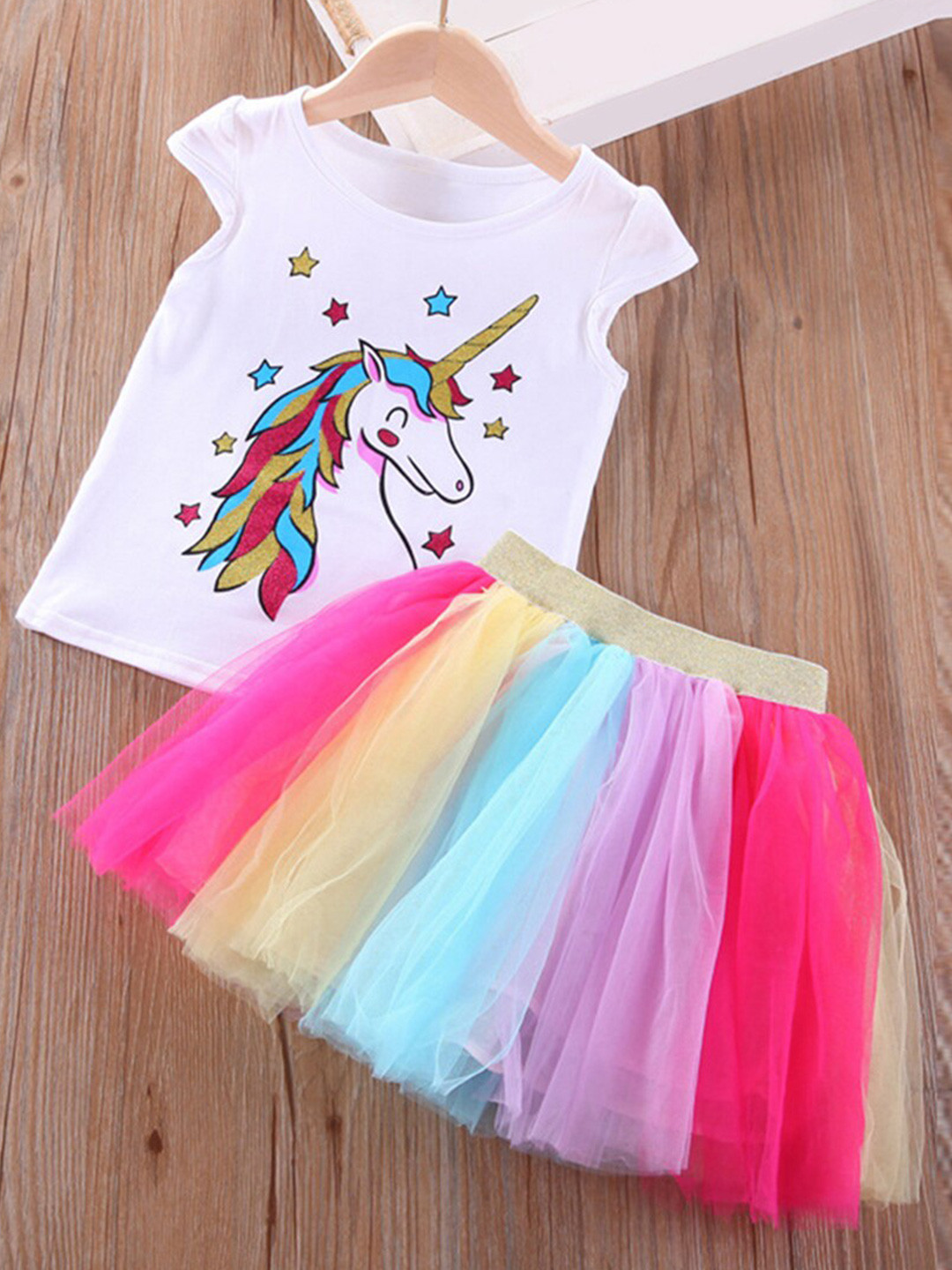 

INCLUD Girls Unicorn Printed Top with Skirt, White