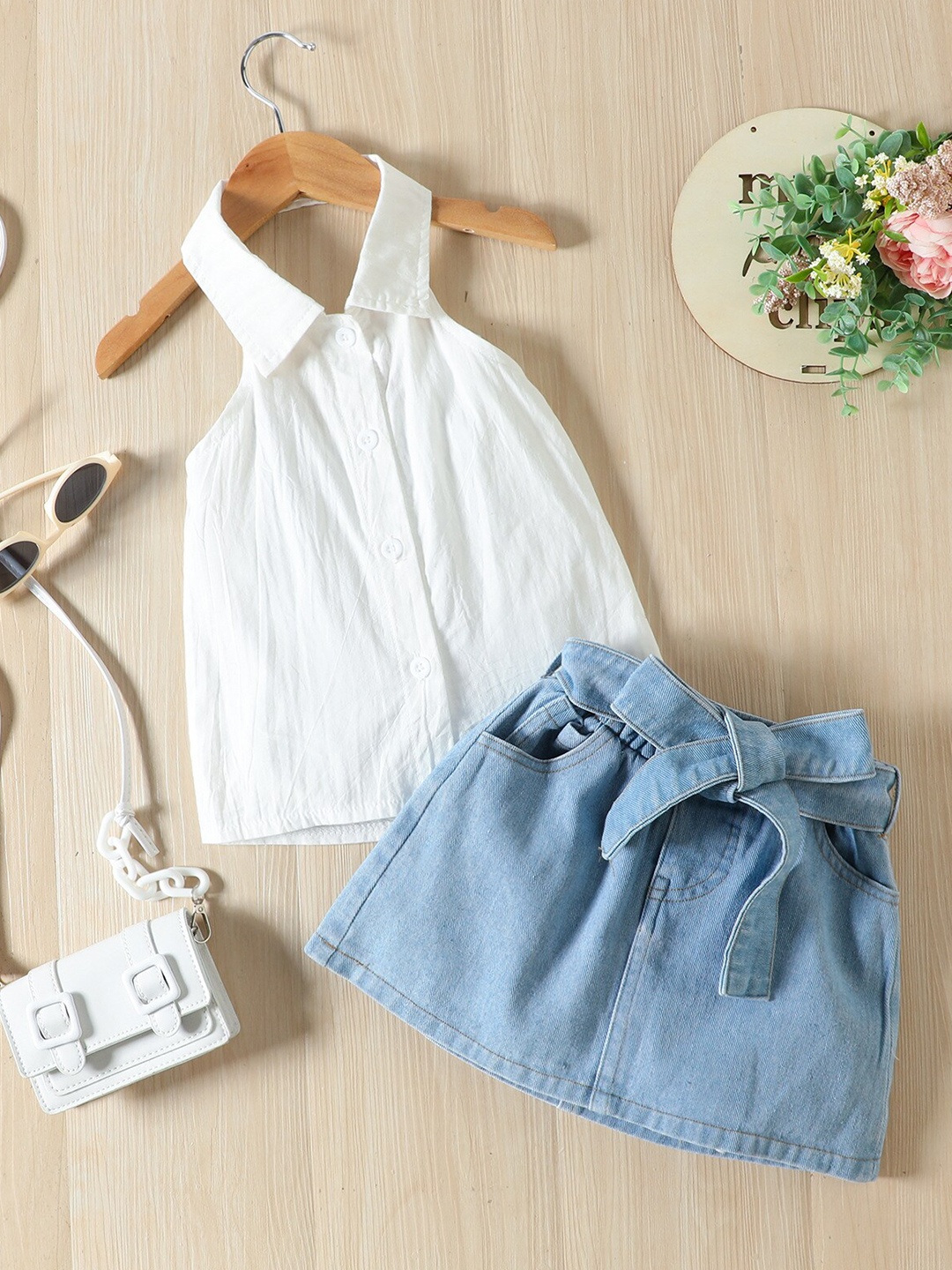 

INCLUD Girls Shirt with Denim Skirt, White