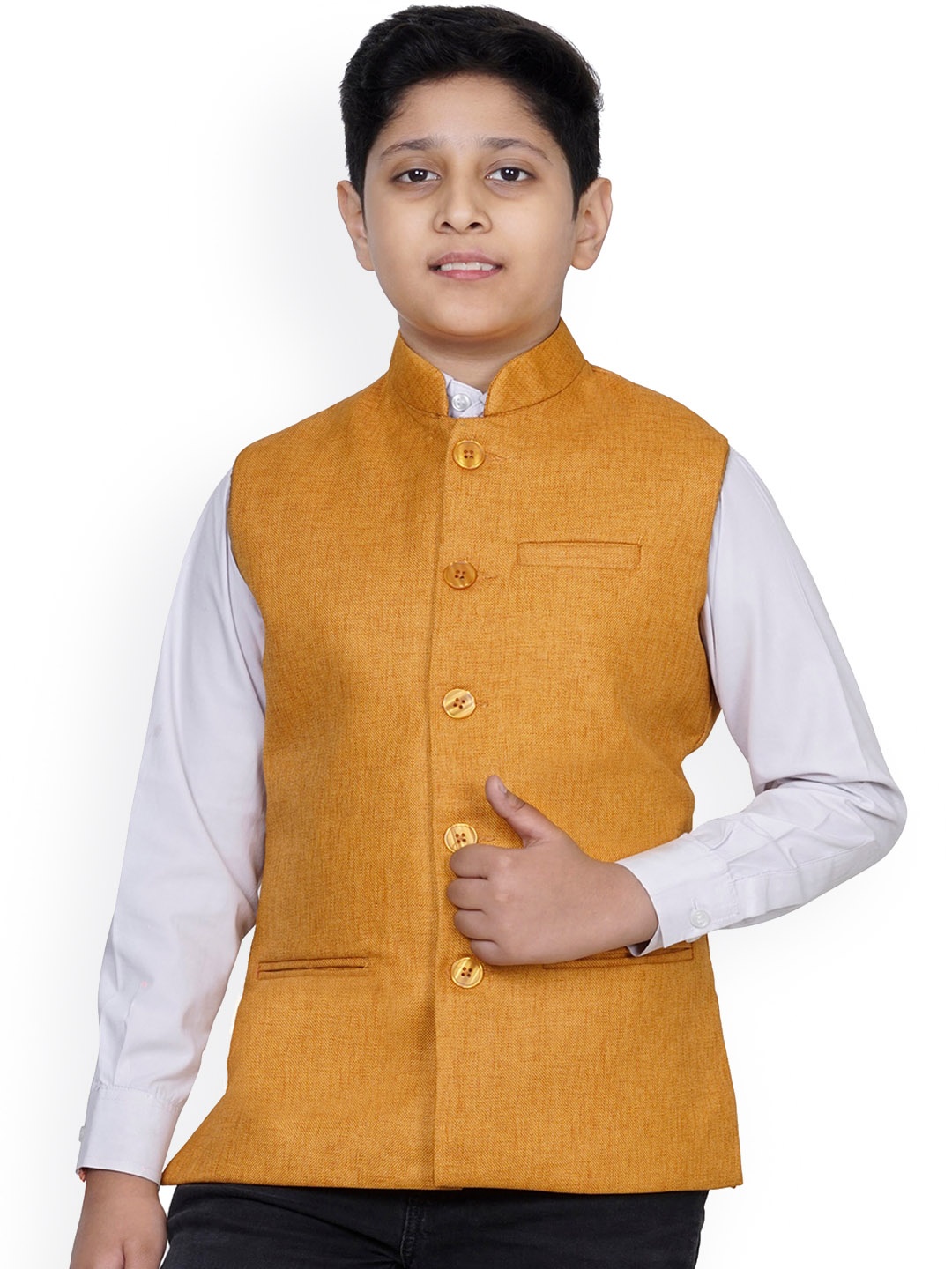 

BAESD Boys Mandarin Collar Nehru Jacket, Mustard