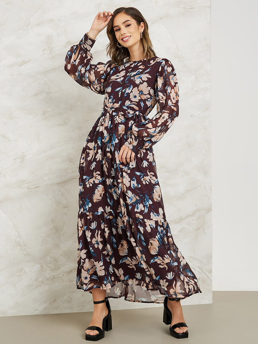 

Styli Floral Printed Maxi Dress, Brown
