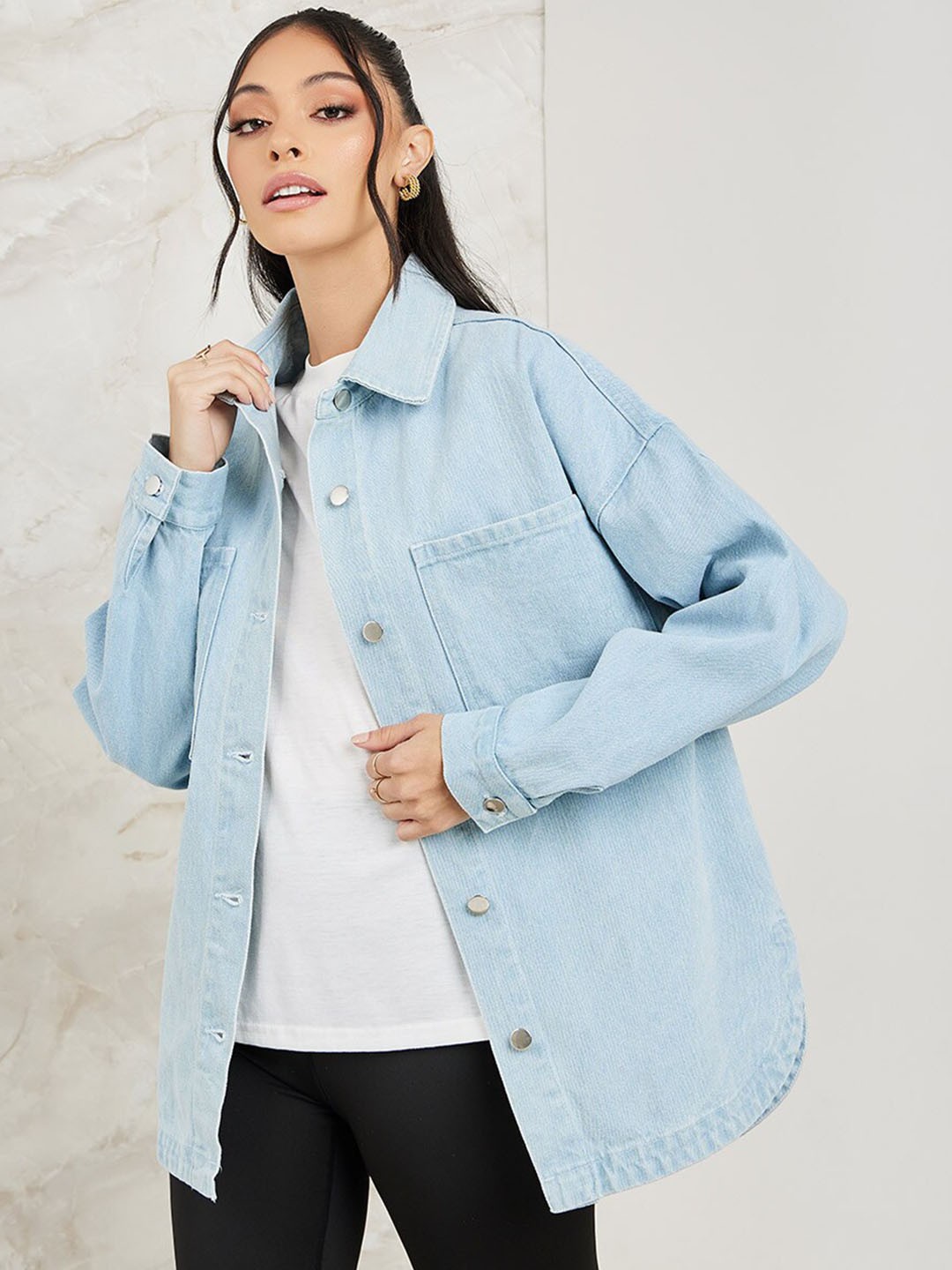 

Styli Spread Collar Oversized Longline Denim Shacket, Blue