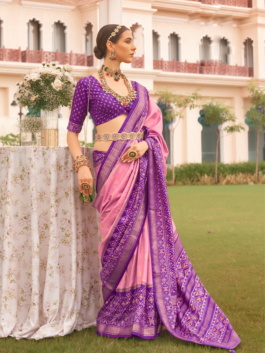 

Mitera Rose Coloured Ethnic Motifs Printed Patola Saree