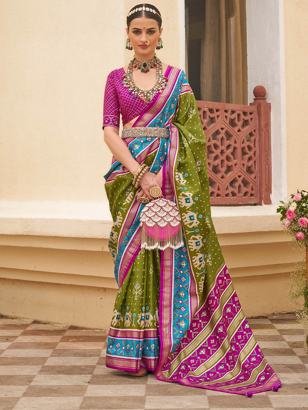 

Mitera Woven Design Patola Saree, Olive