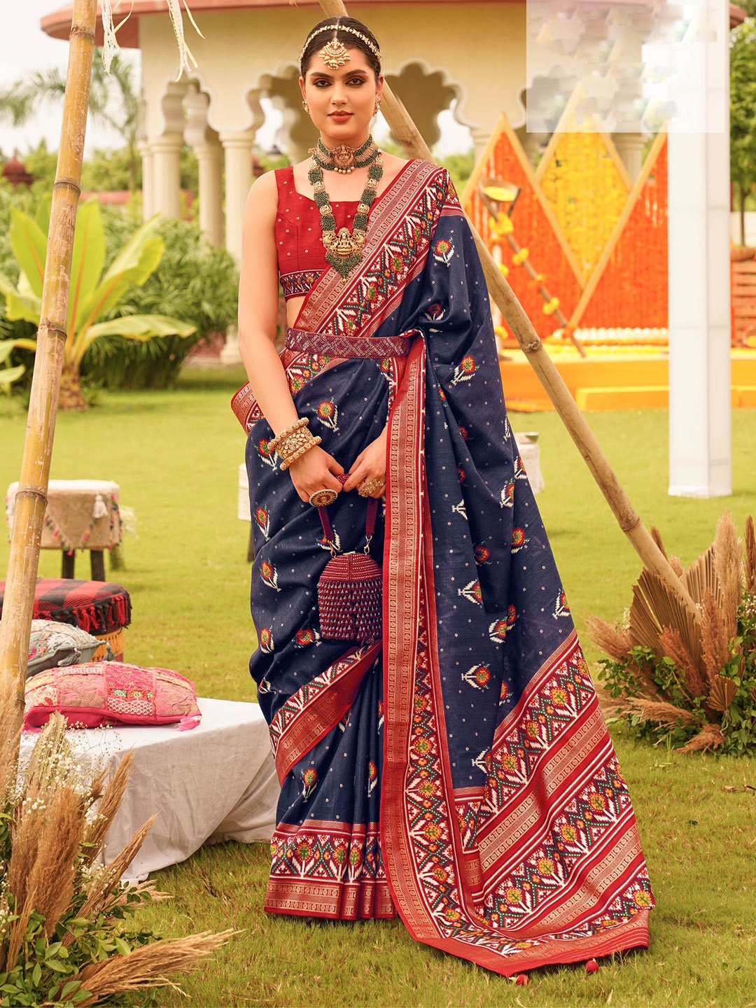

Mitera Ethnic Motifs Woven Design Handloom Patola Saree, Navy blue