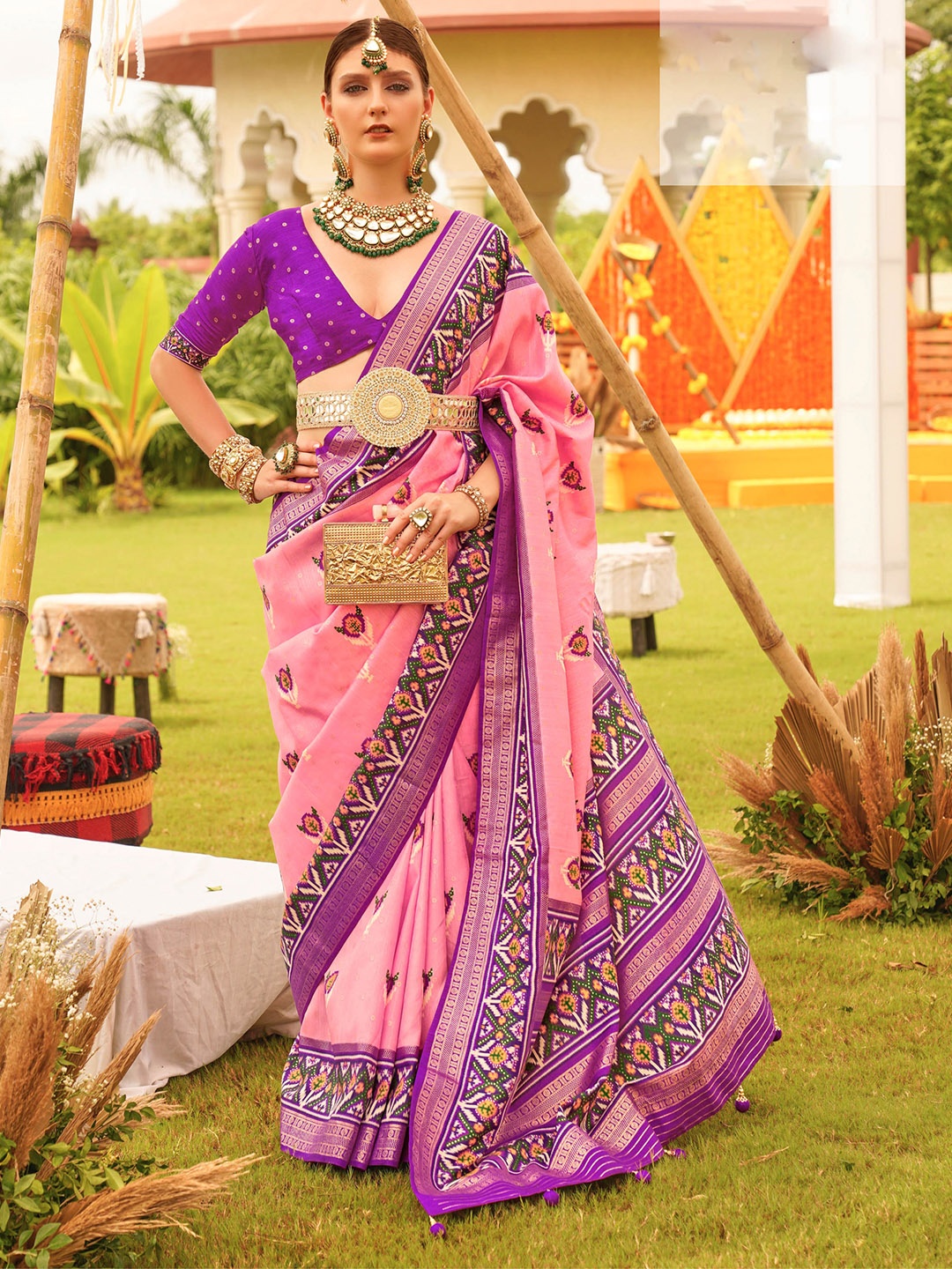 

Mitera Rose Coloured Ethnic Motifs Printed Patola Saree