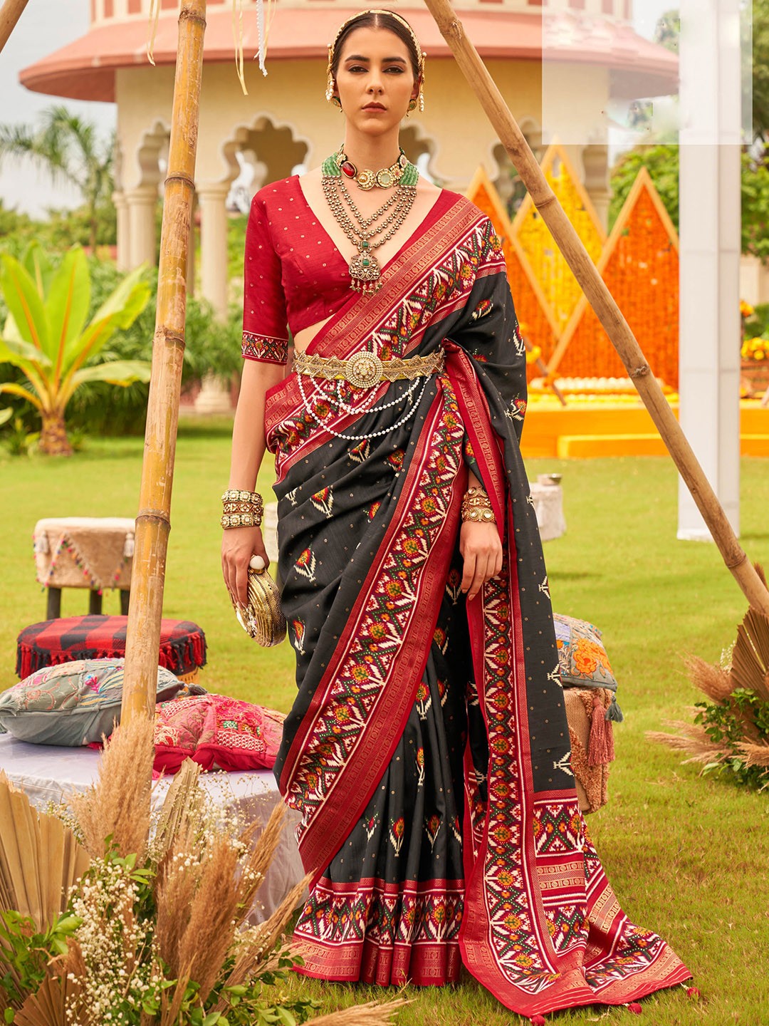 

Mitera Ethnic Motifs Woven Design Zari Patola Saree, Black