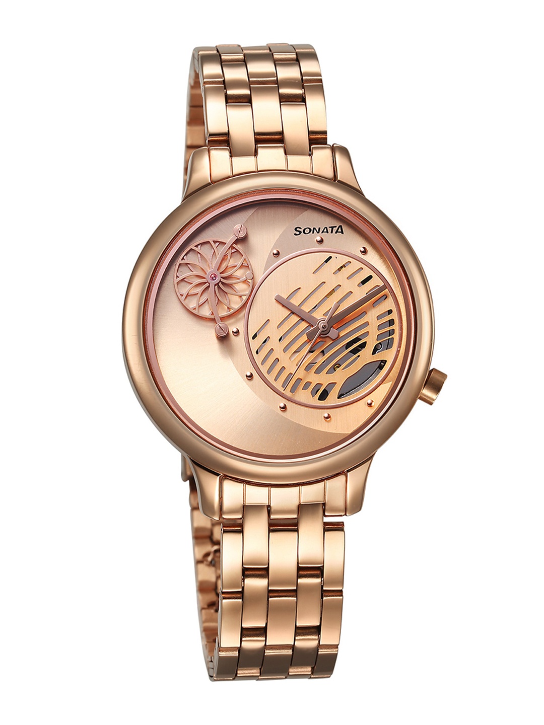 

Sonata Women Textured Brass Dial & Straps Watch 8190WM01, Rose gold