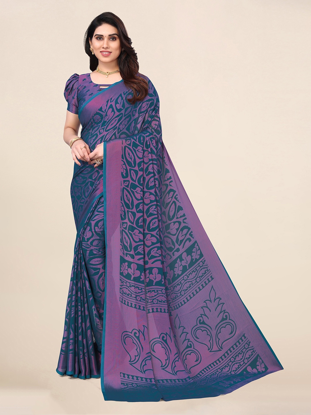

Winza Designer Floral Printed Chiffon Brasso Saree, Teal