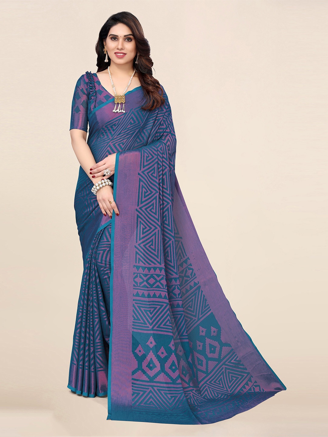 

Winza Designer Striped Poly Chiffon Designer Saree, Teal