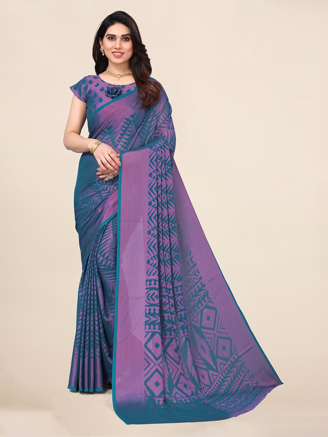 

Winza Designer Geometric Printed Chiffon Brasso Saree, Teal