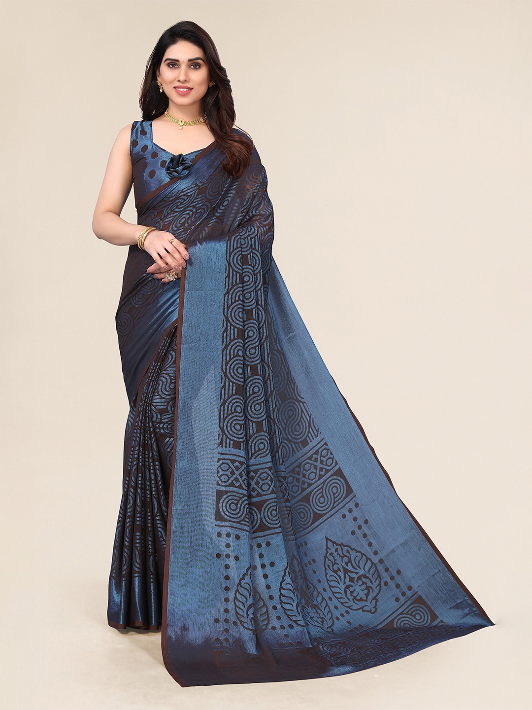 

Winza Designer Geometric Printed Chiffon Brasso Saree, Black