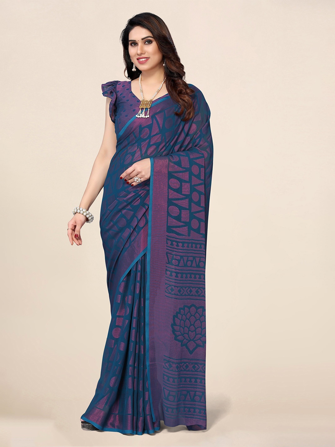 

Winza Designer Geometric Printed Saree, Teal