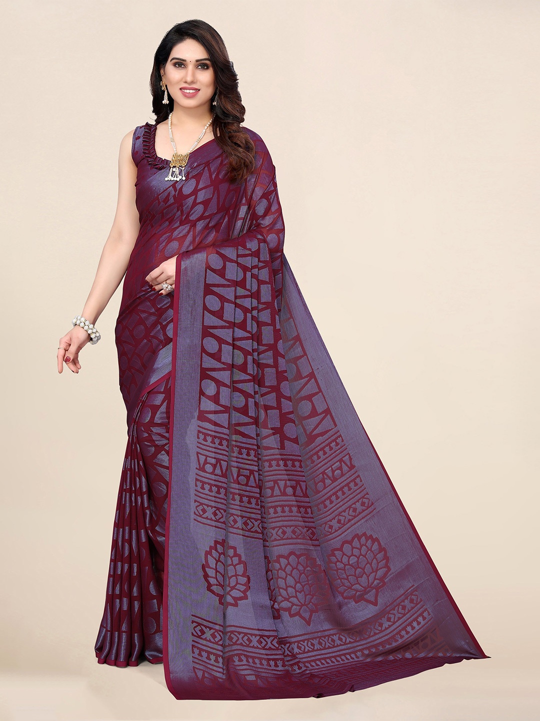 

Winza Designer Geometric Printed Saree, Magenta
