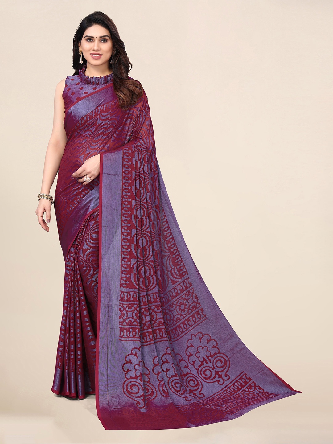 

Winza Designer Geometric Printed Chiffon Brasso Saree, Magenta