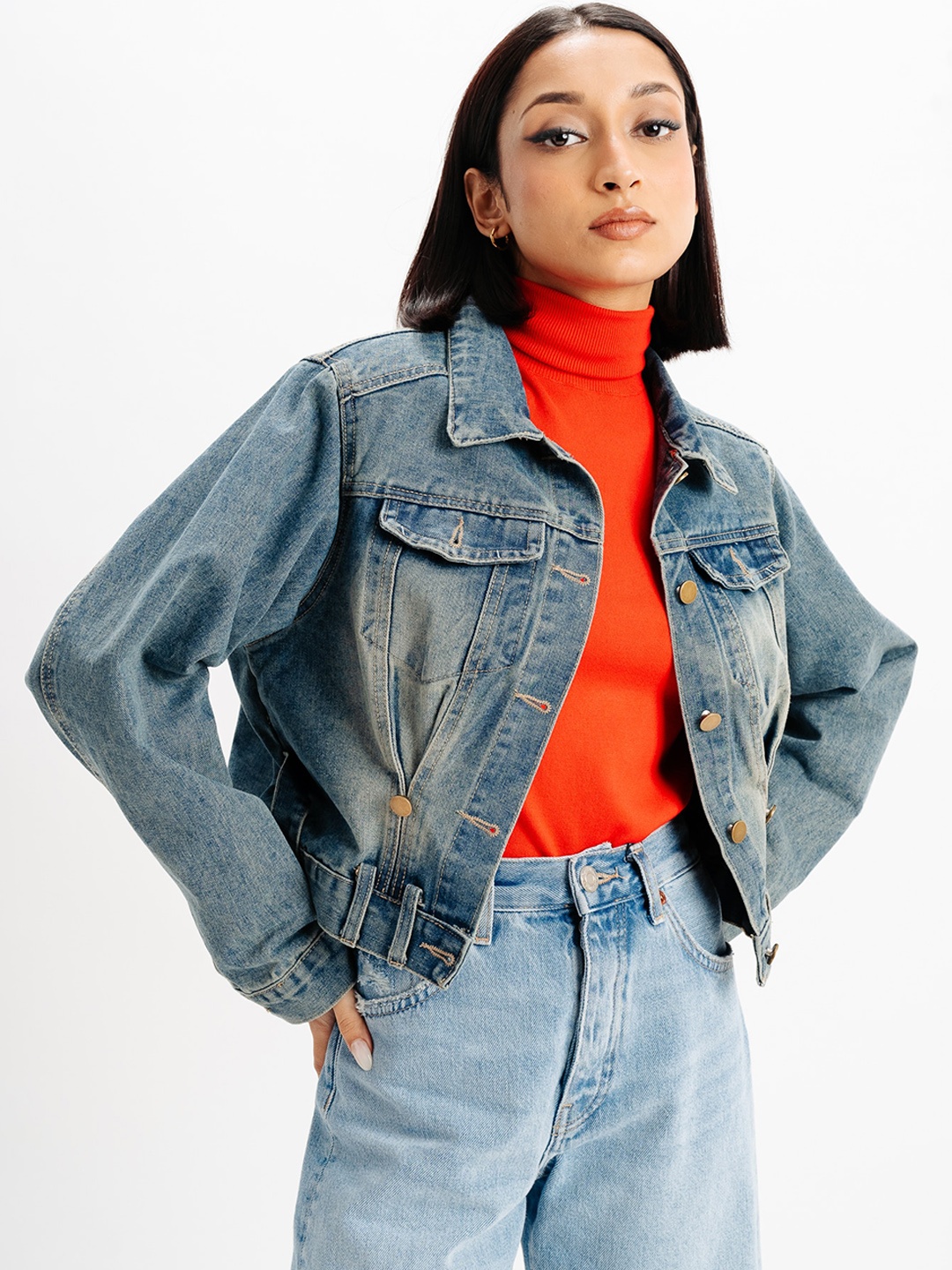 

FREAKINS Washed Cuban Collar Long Sleeves Cotton Crop Denim Jacket, Green