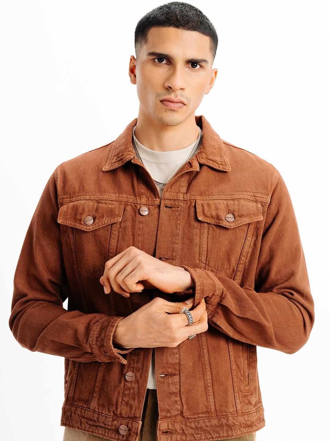 

FREAKINS Washed Cuban Collar Long Sleeves Cotton Denim Jacket, Brown