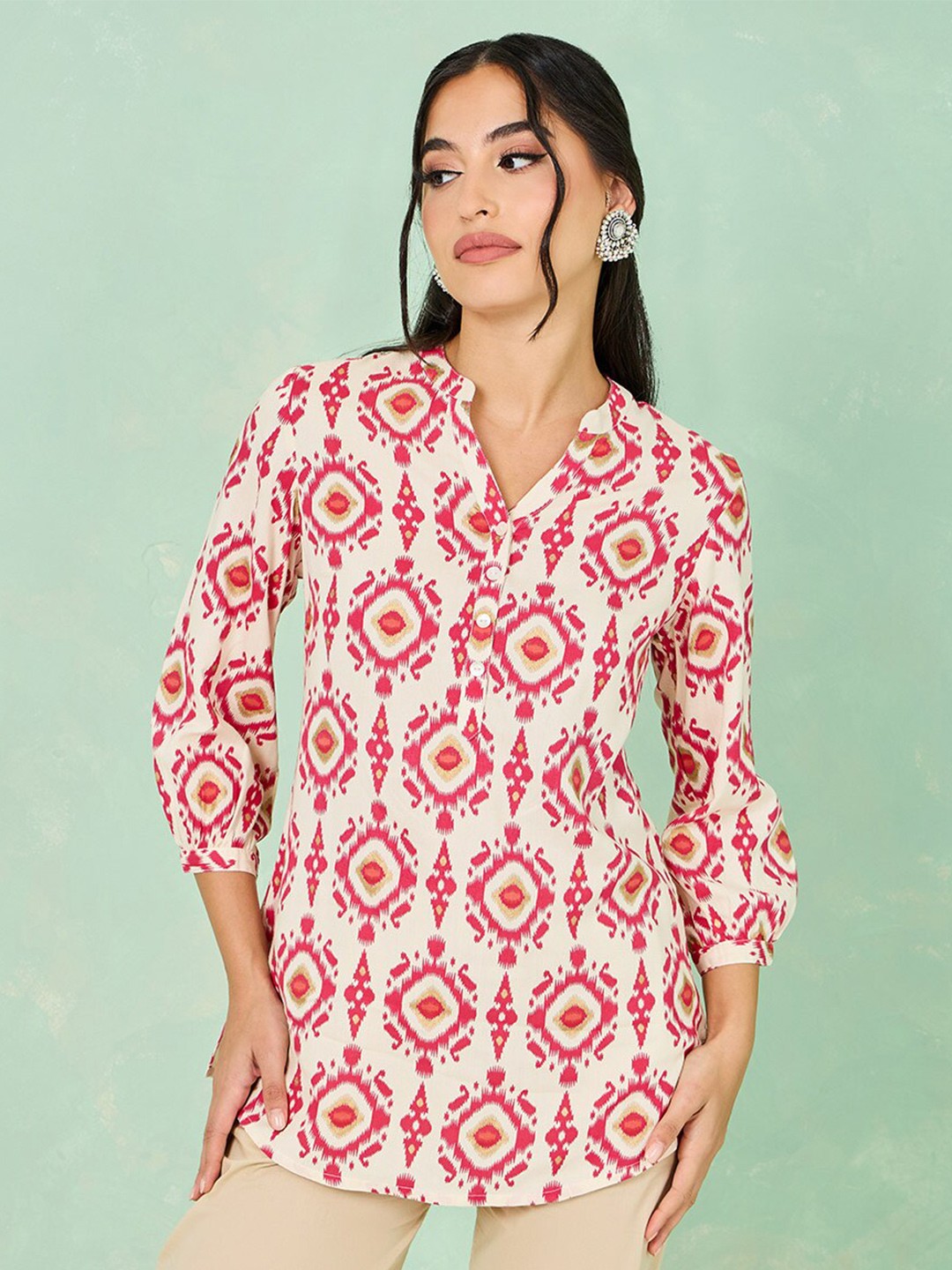 

Styli Off White Ethnic Motifs Printed Mandarin Collar Tunic