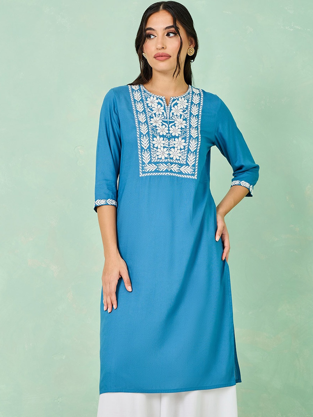 

Styli Yoke Design Embroidered Rayon Straight Kurta, Blue