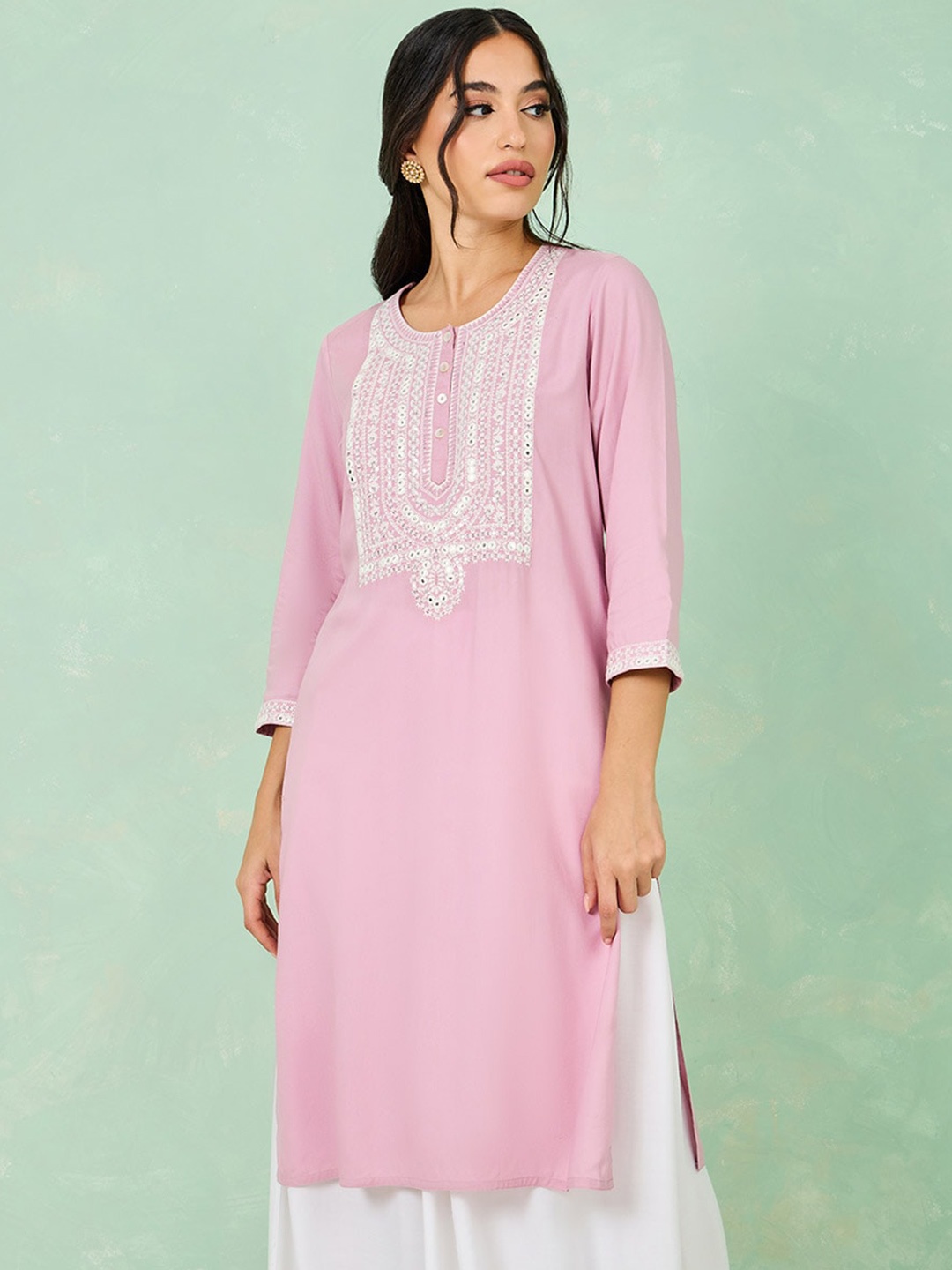

Styli Women Yoke Design Embroidered Viscose Rayon Straight Kurta, Pink