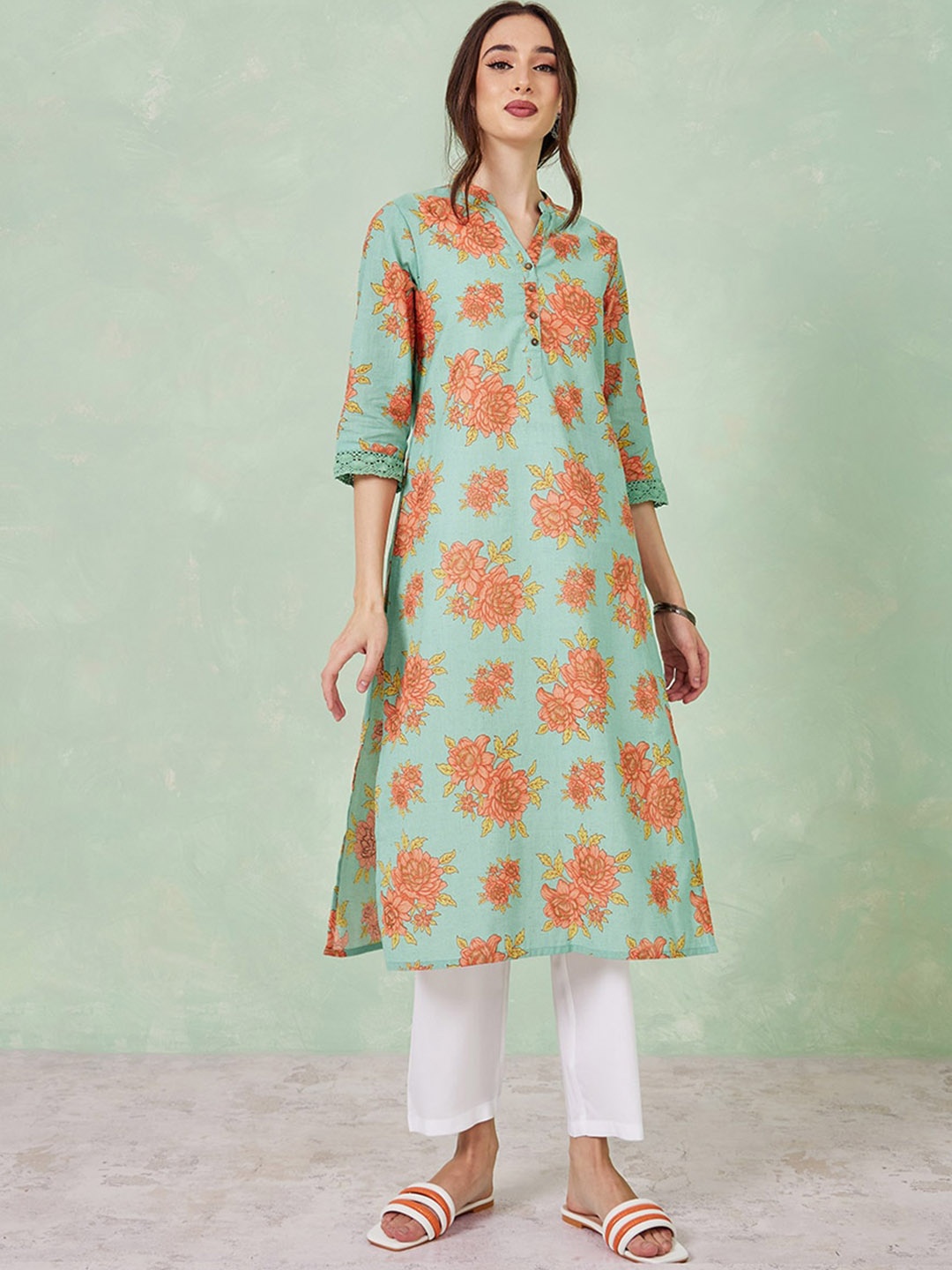 

Styli Floral Printed Mandarin Collar Pure Cotton Straight Kurta, Green