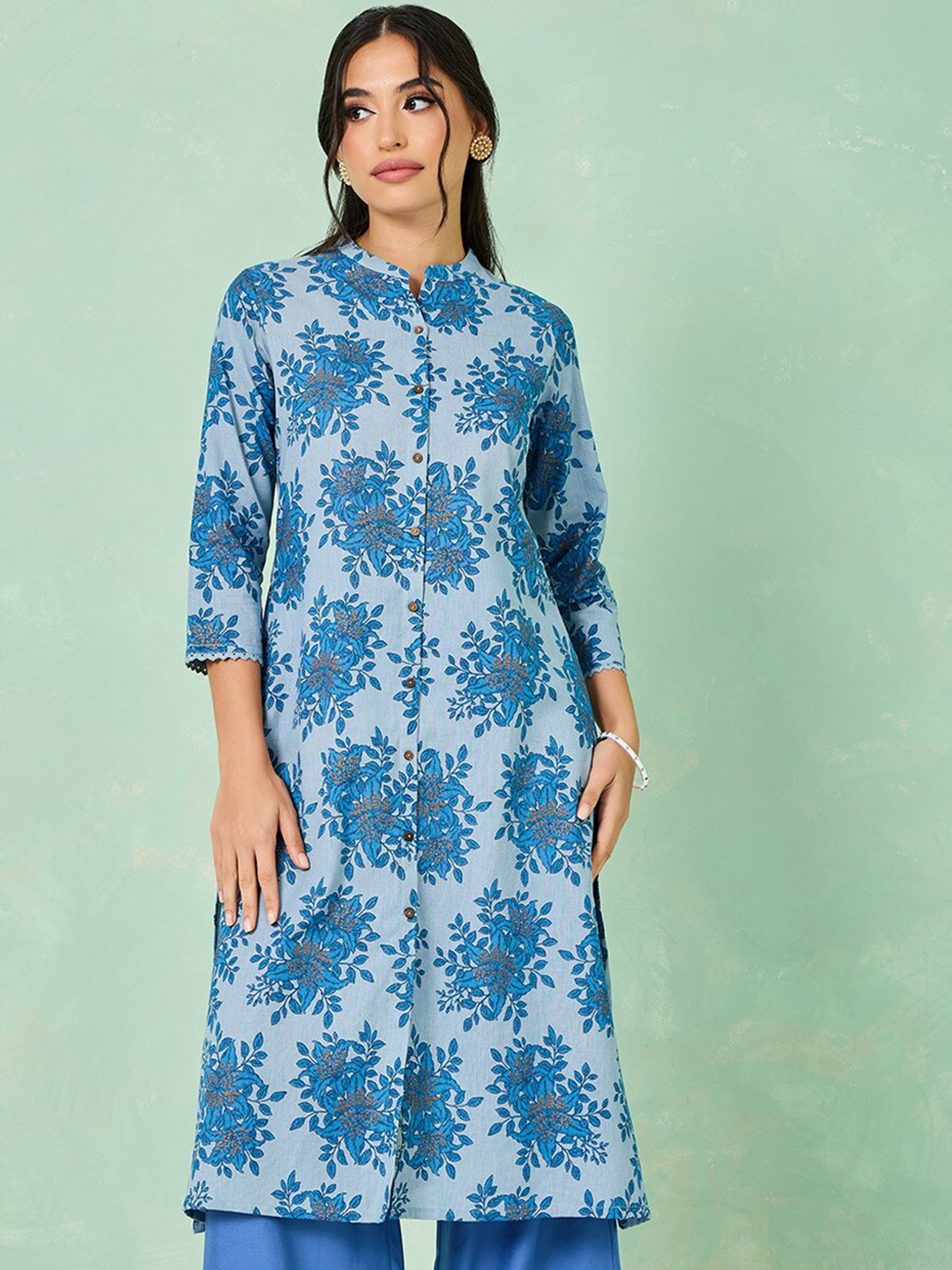 

Styli Floral Printed Mandarin Collar Cotton A-Line Kurta, Blue