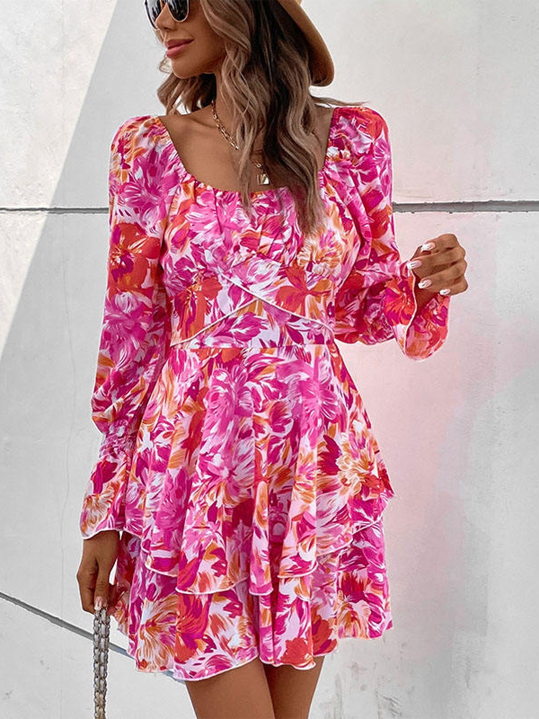 

StyleCast Pink Floral Printed Bell Sleeves Layered Fit & Flare Mini Dress
