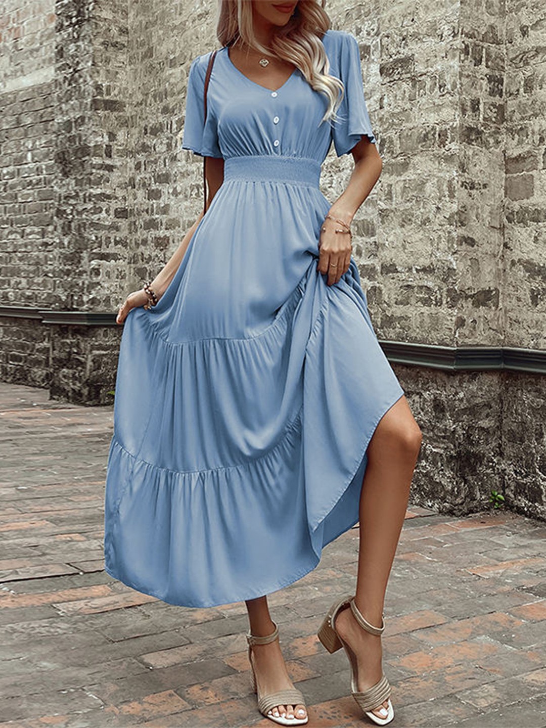 

StyleCast Blue Flared Sleeves Tiered Midi Dress