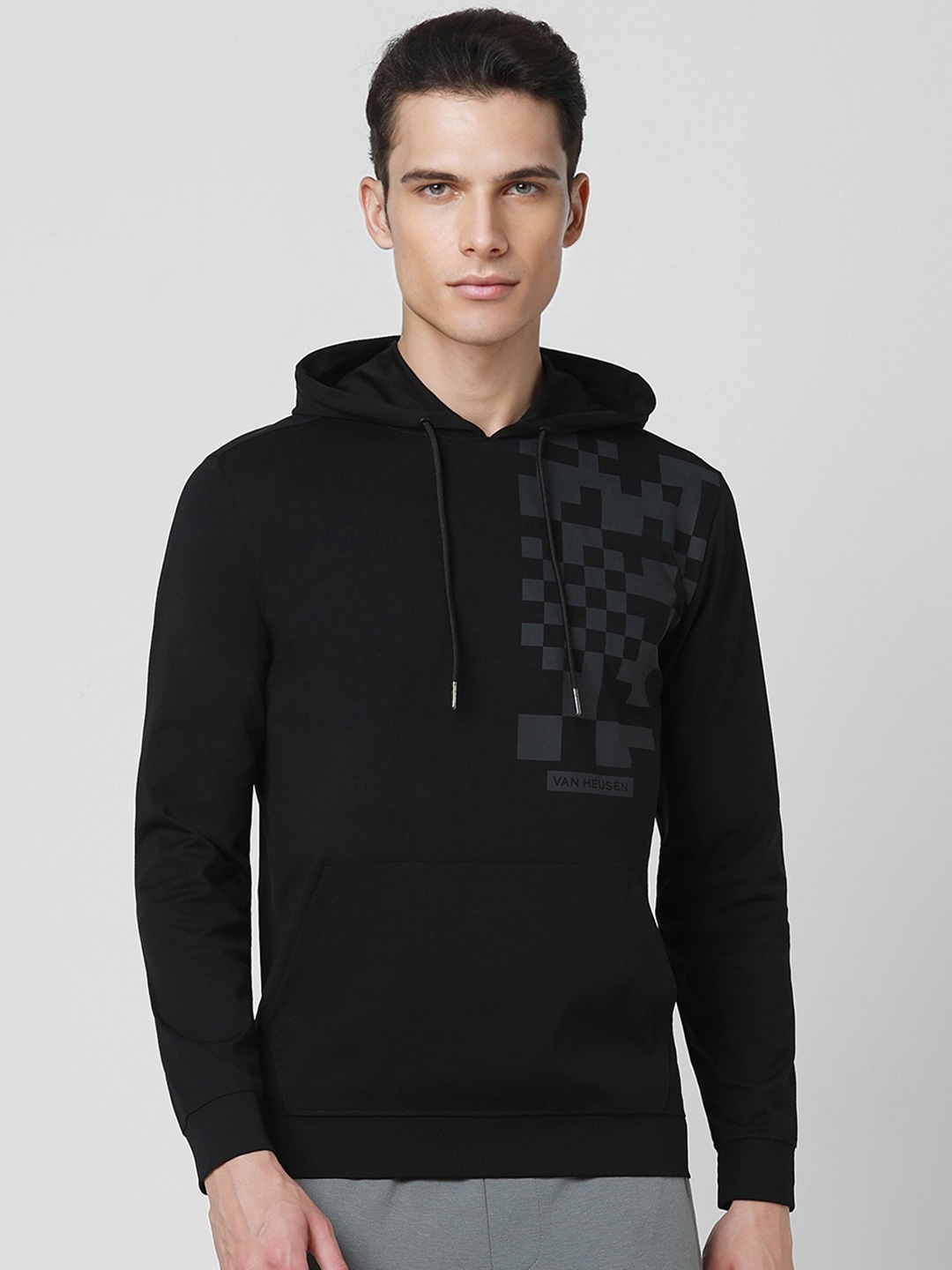 

Van Heusen Flex Men Black Printed Hooded Sweatshirt