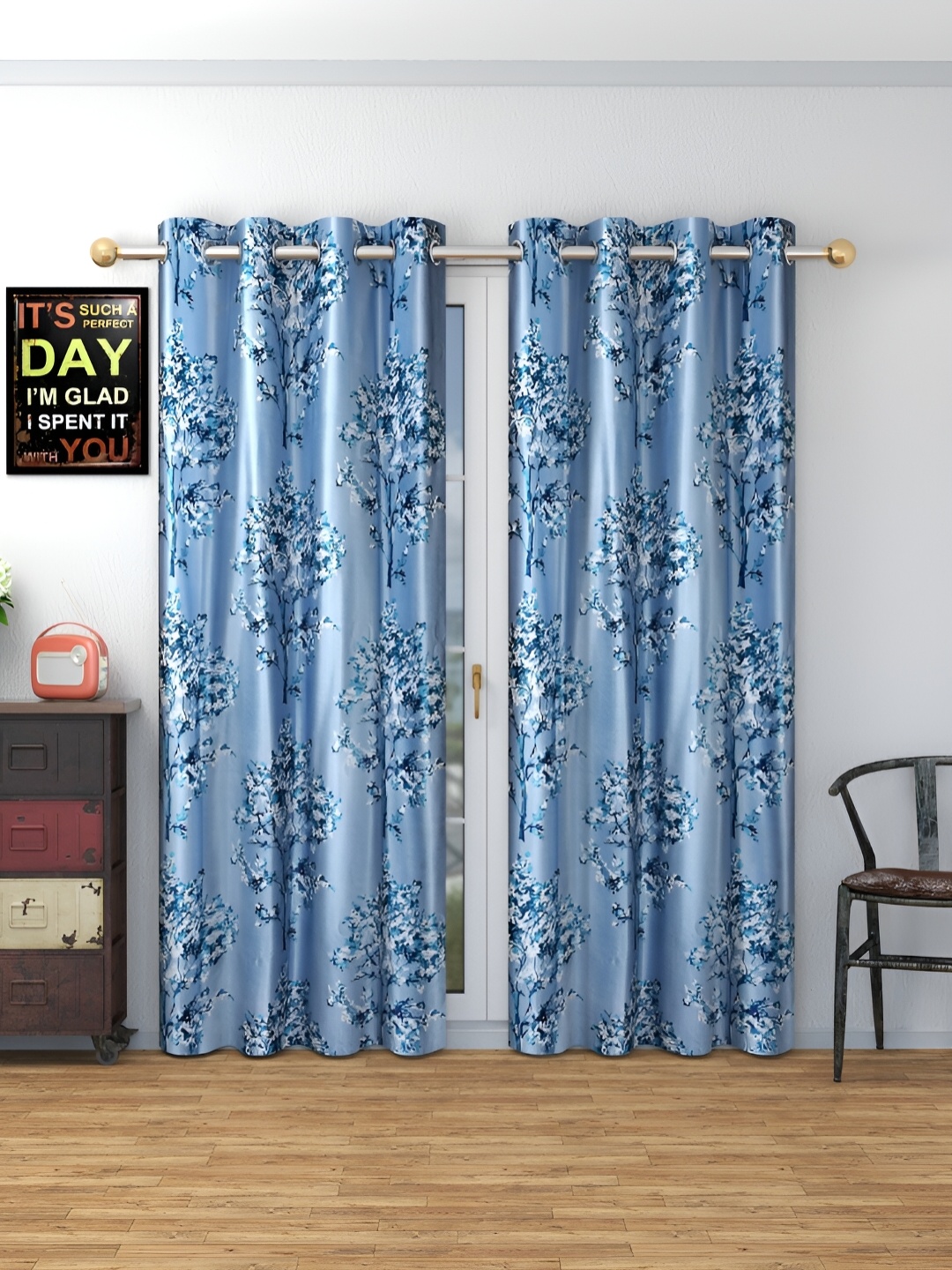 

MSD DECOR HUB Blue 2 Pcs Floral Room Darkening Window Curtain