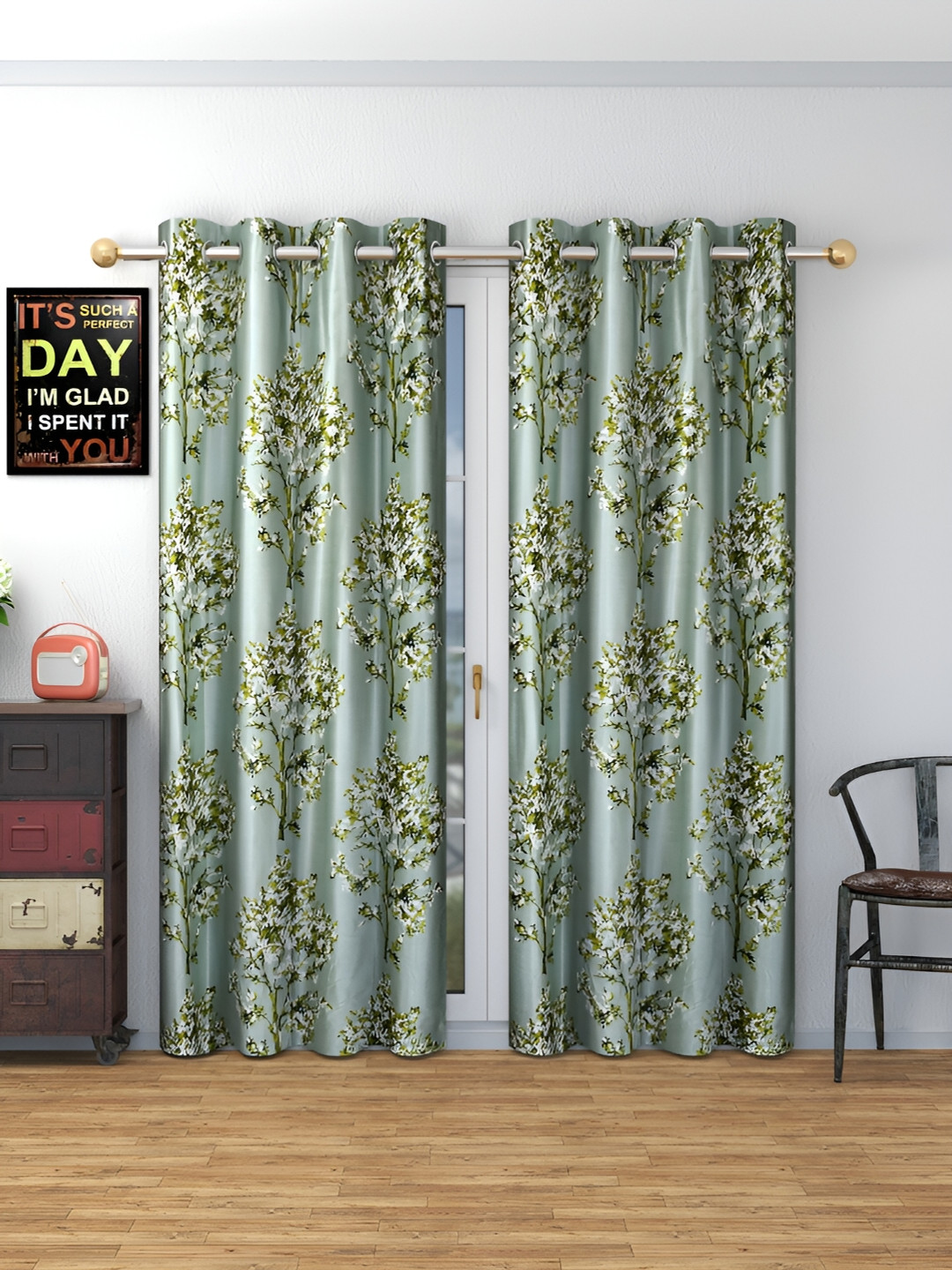 

MSD DECOR HUB Green 2 Pcs Floral Room Darkening Long Door Curtain