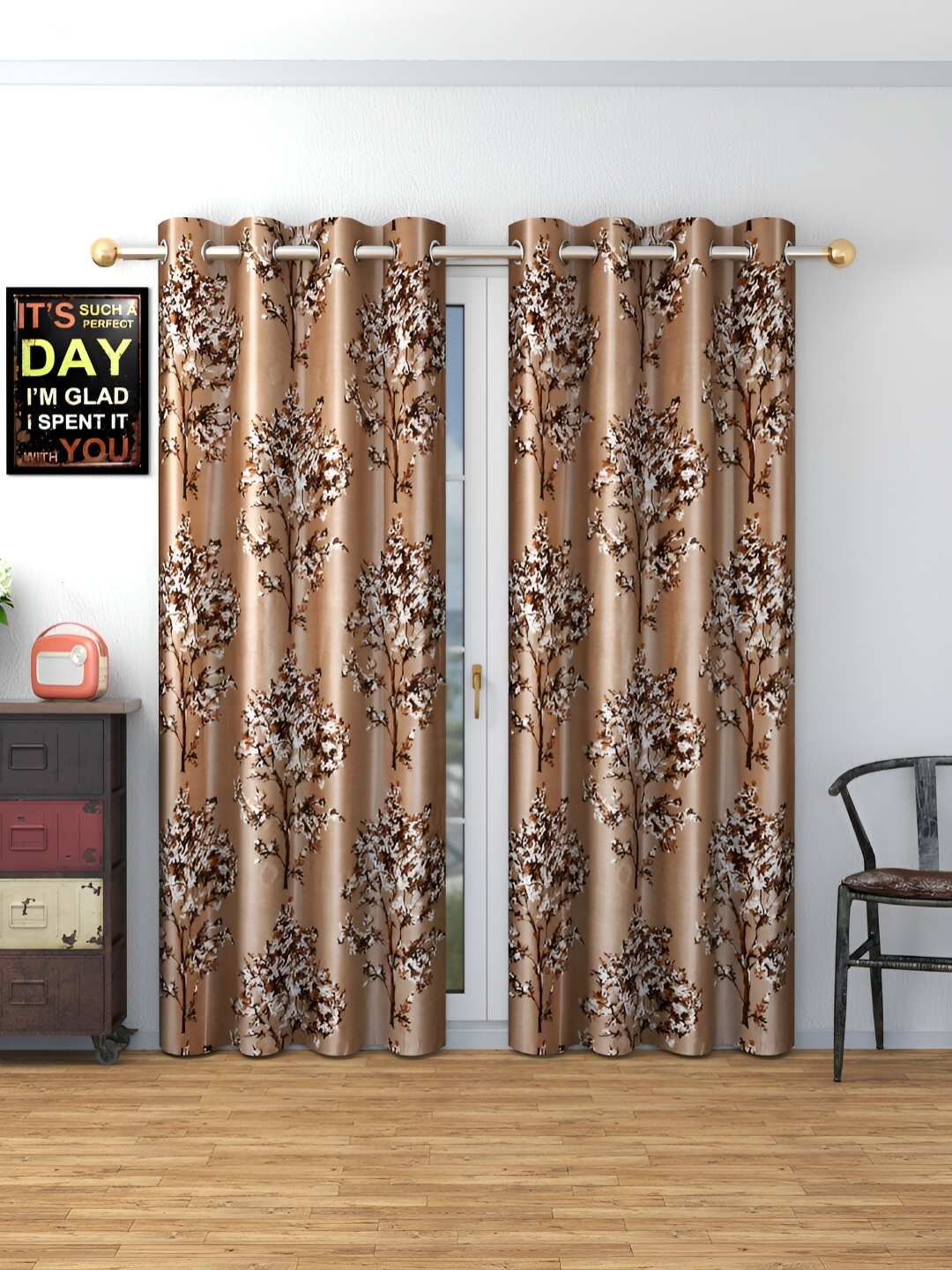 MSD DECOR HUB Brown 2 Pcs Floral Room Darkening Window Curtain