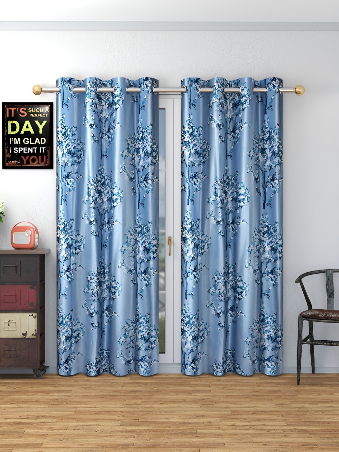 

MSD DECOR HUB Blue 2 Pcs Floral Room Darkening Door Curtain