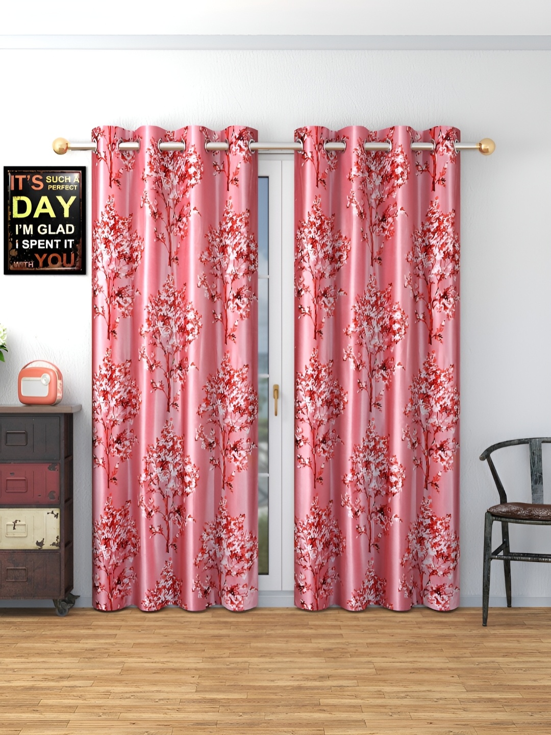 

MSD DECOR HUB Pink 2 Pcs Floral Room Darkening Door Curtain