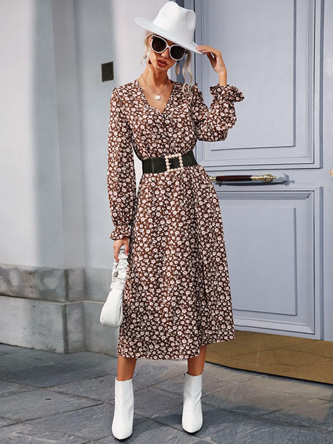 

StyleCast Brown & White Floral Printed A-Line Midi Dress