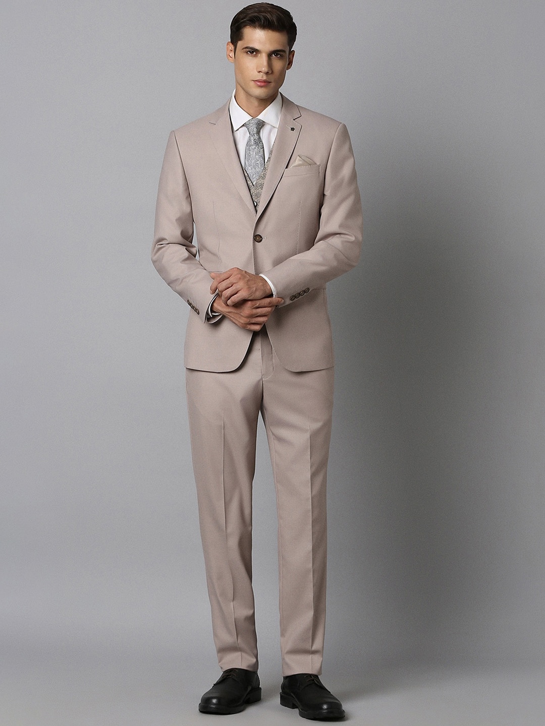 

Louis Philippe Slim-Fit Single-Breasted Three-Piece Formal Suit, Beige