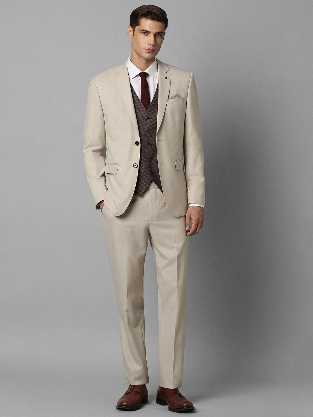 

Louis Philippe Slim-Fit Single-Breasted Three-Piece Suit, Beige