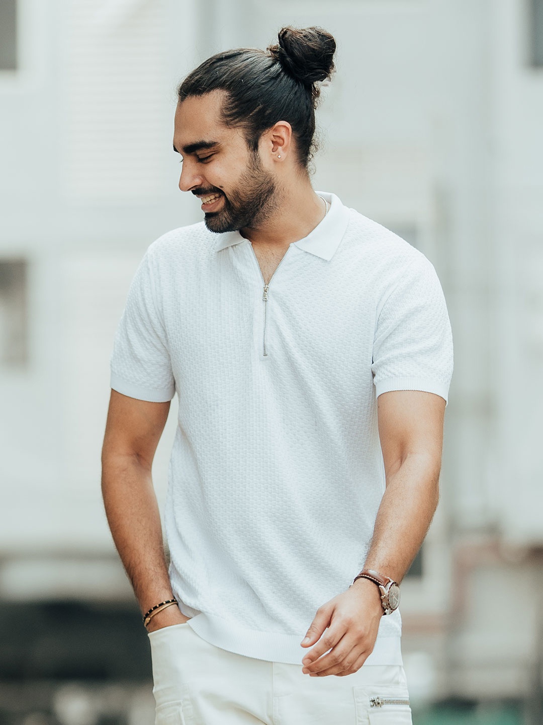 

KINGDOM OF WHITE Self Design Polo Collar Cotton T-shirt