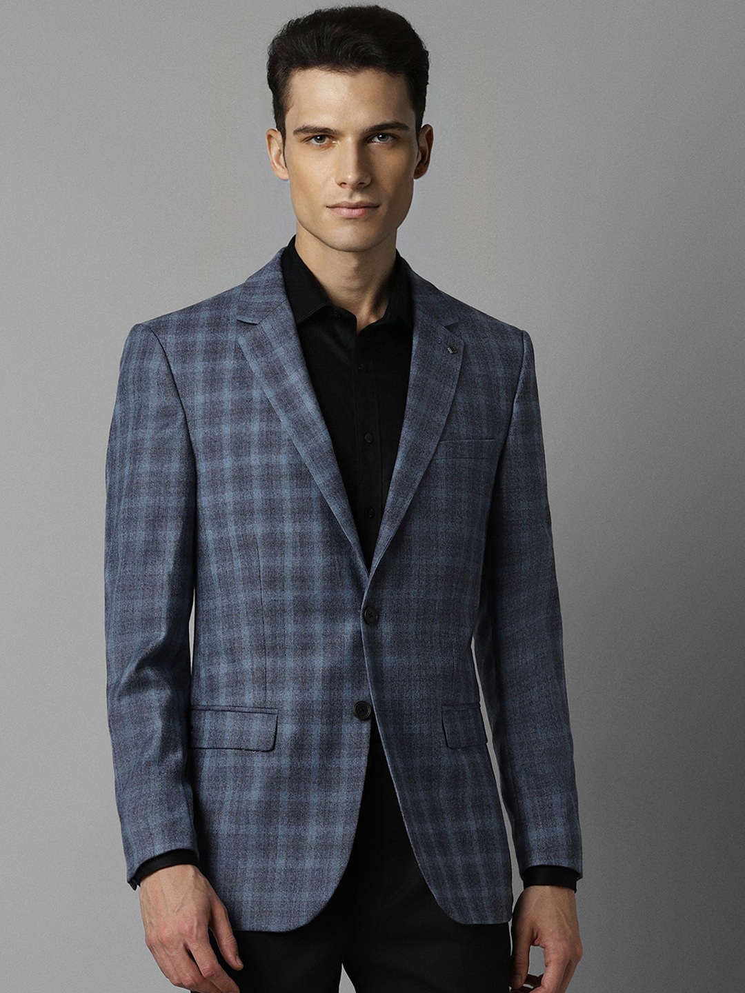 

Louis Philippe Checked Woollen Single-Breasted Blazer, Navy blue