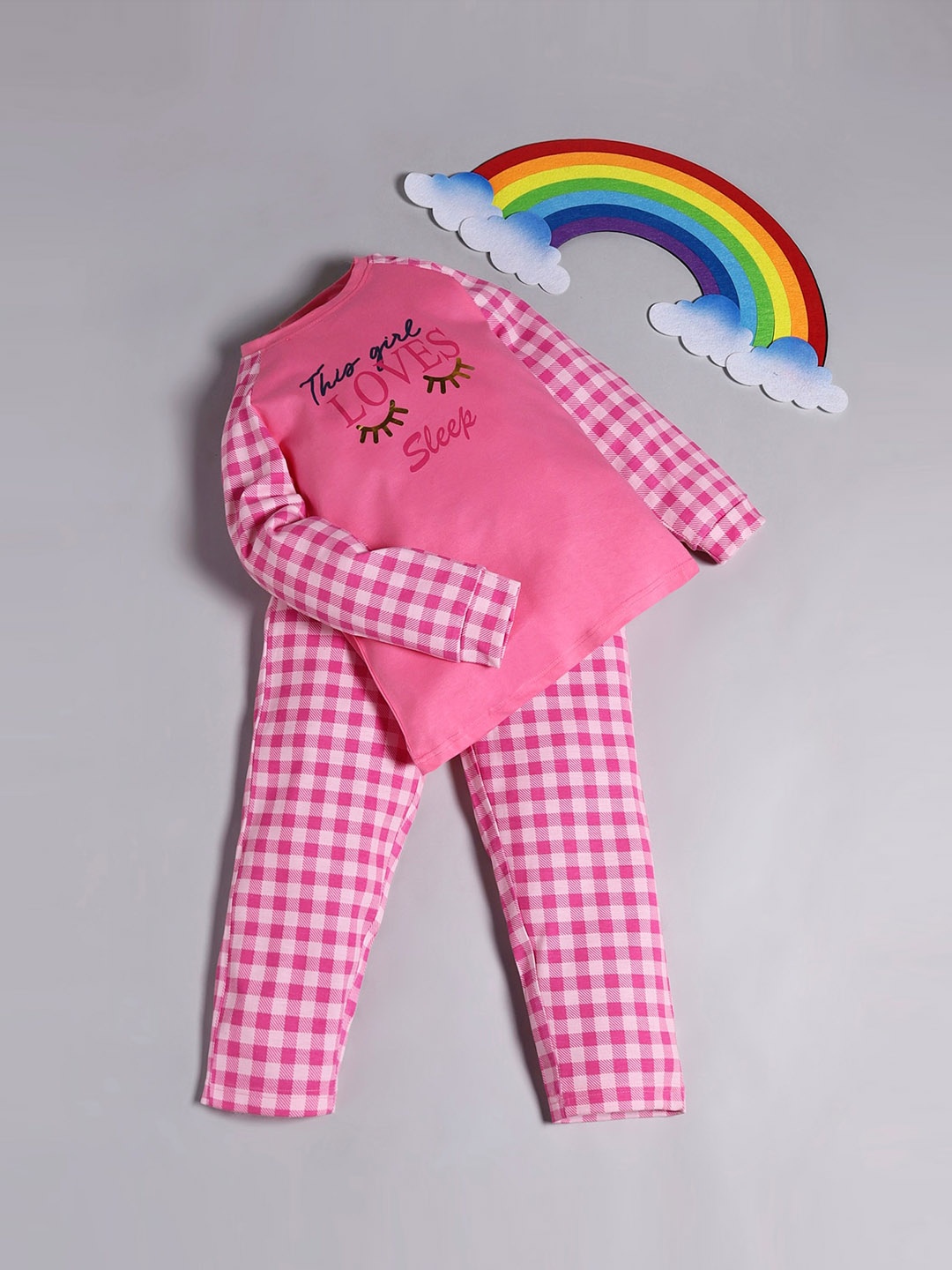 

RAINE AND JAINE Girls Checked Pure Cotton T-shirt & Pyjama, Pink